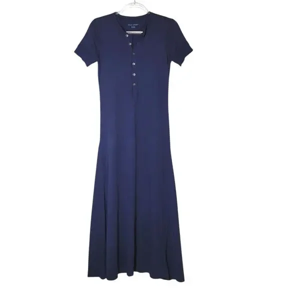 knee length dresses for ladies The Luxe Rib Long Sleeve Henley Maxi - Black - XXS main image 1